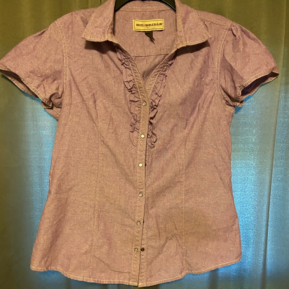 Purple Bit & Bridle front ruffled pearl snap